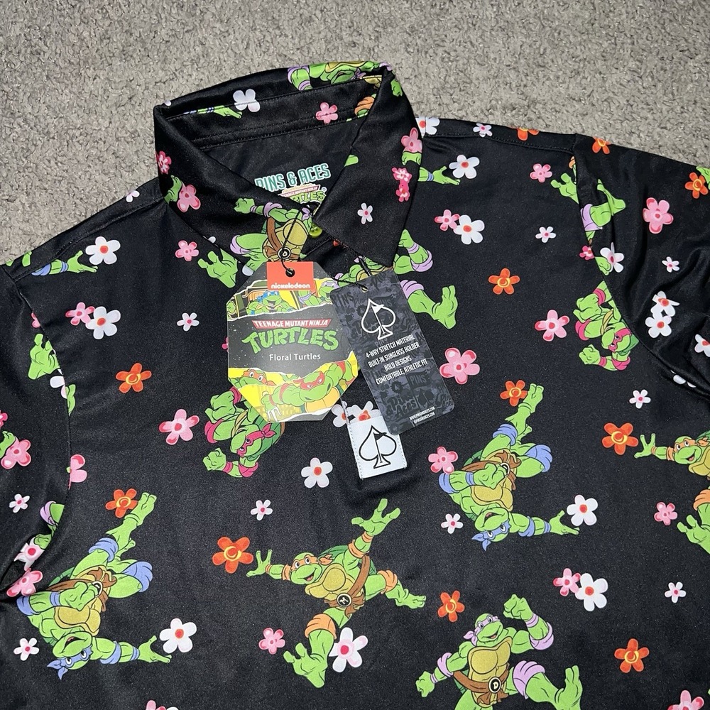 NWT Pins Aces TMNT Black Ninja Turtles Nickelodeon Performance Polo Men Small
